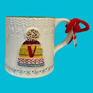 Anthropologie Bundled Up Mug Monogram V Christmas Winter Holidays Coffee Tea